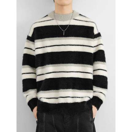 冬季圆领毛衣男士2025新款个性拼色条纹针织衫加厚保暖上质1215u