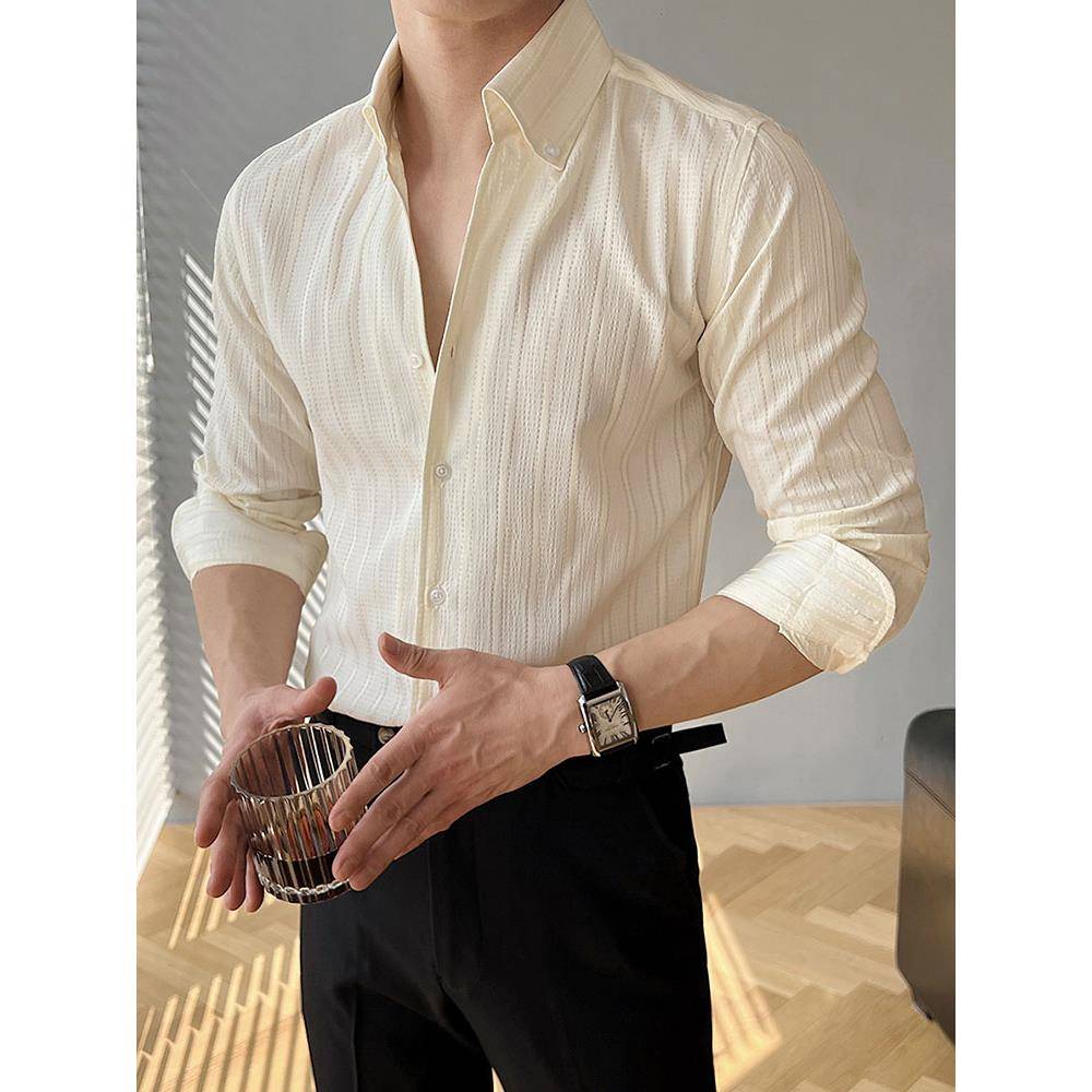 法式V领条纹衬衫男长袖高级感休闲商务百搭修身帅气绅士衬1108u