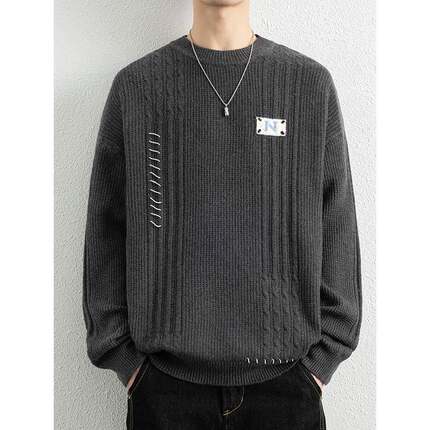 高级感毛衣男秋冬季新款宽松圆领针织衫男士内搭打底衫潮流1215u