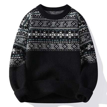 潮牌毛衣男款冬季民族风提花圆领针织衫男士加厚保暖慵懒卫1215u