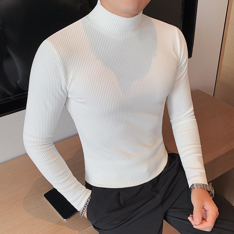 高领打底衫男长袖t恤2025新款白色条纹体恤内搭衣服1002u