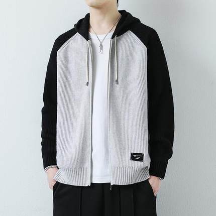 开衫外套男秋季潮牌撞色针织夹克男连帽宽松帅气毛线衣褂子1215u