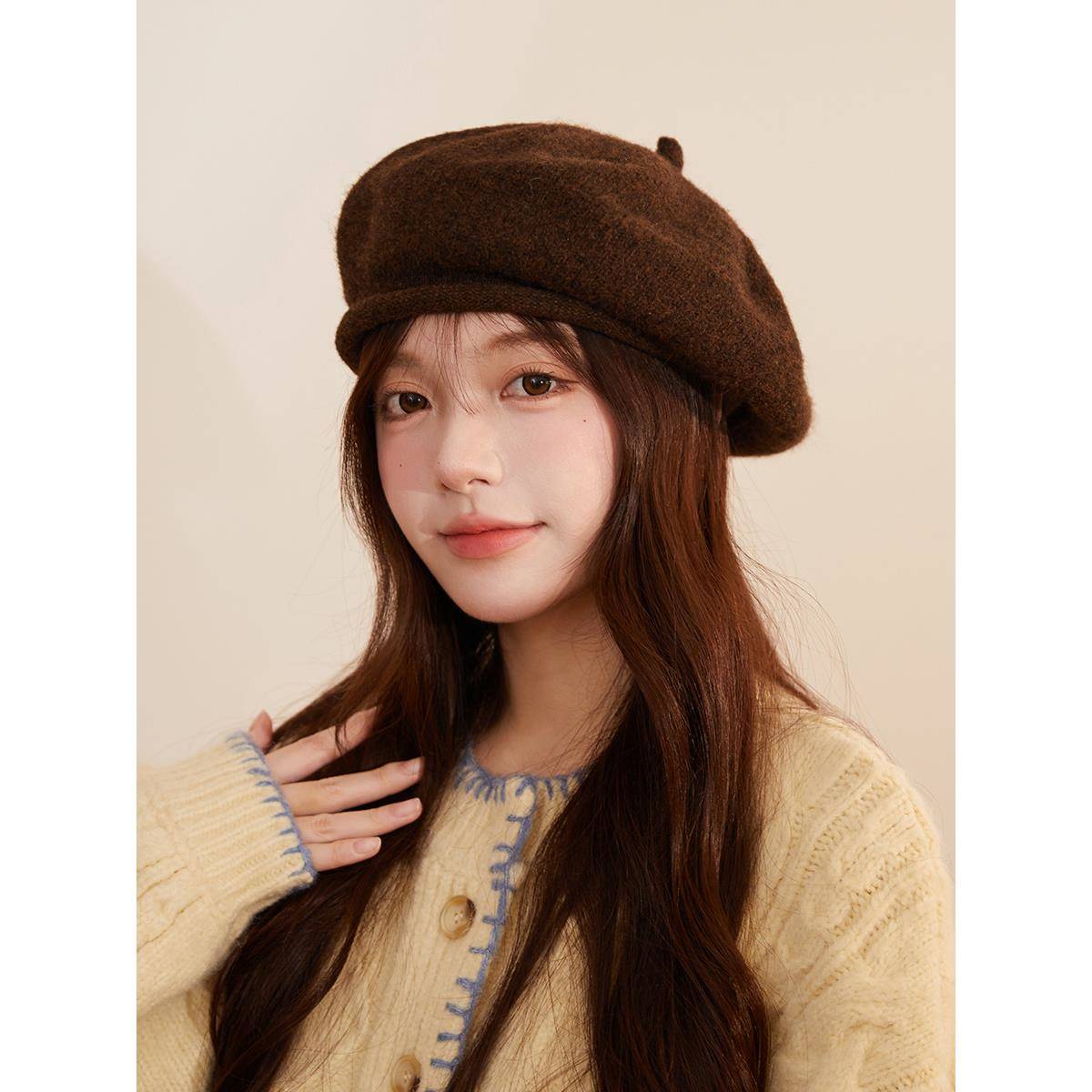 韩国秋冬女针织贝雷帽百搭纯色卷曲贝雷帽棕色大帽子1206e