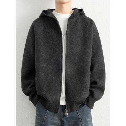 针织开衫外套男士连帽秋款夹克男潮牌冬季高级感双拉炼毛线1215u