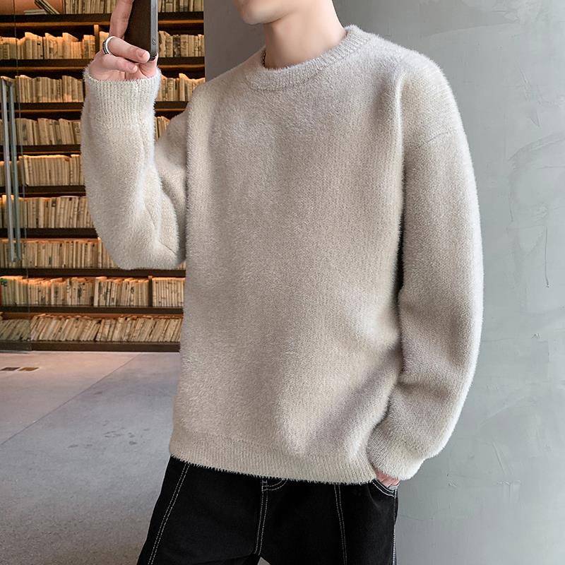 秋冬圆领毛衣男士宽松打底衫加绒加厚秋内搭保暖潮牌针织衫1113u