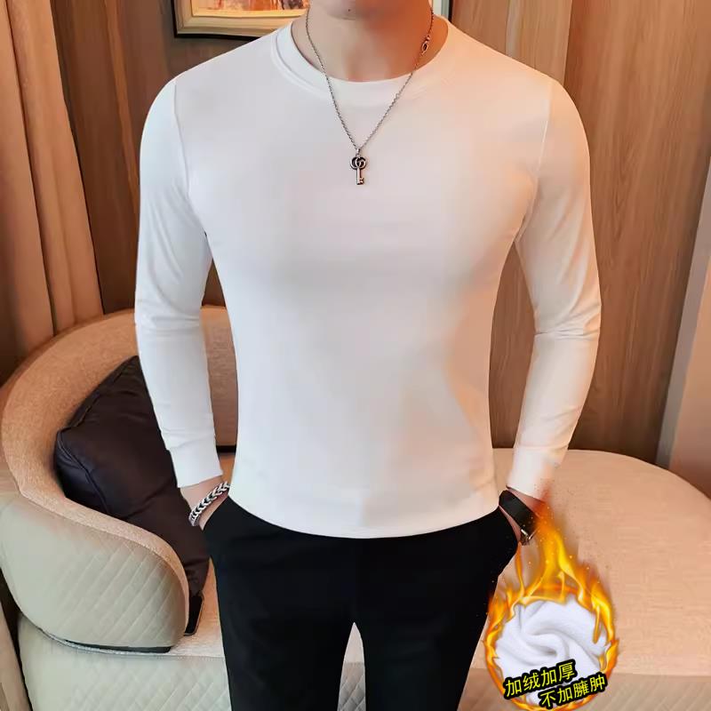 秋冬圆领打底衫男士秋加绒加厚长袖t恤纯色修身体恤弹力休闲1028u