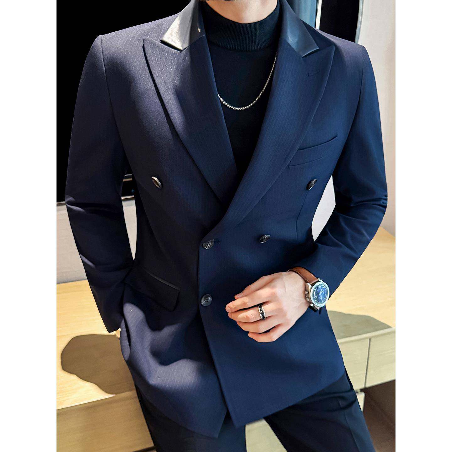 秋冬季新款厚款双排扣条纹拼皮西装外套男士单西上衣1212n