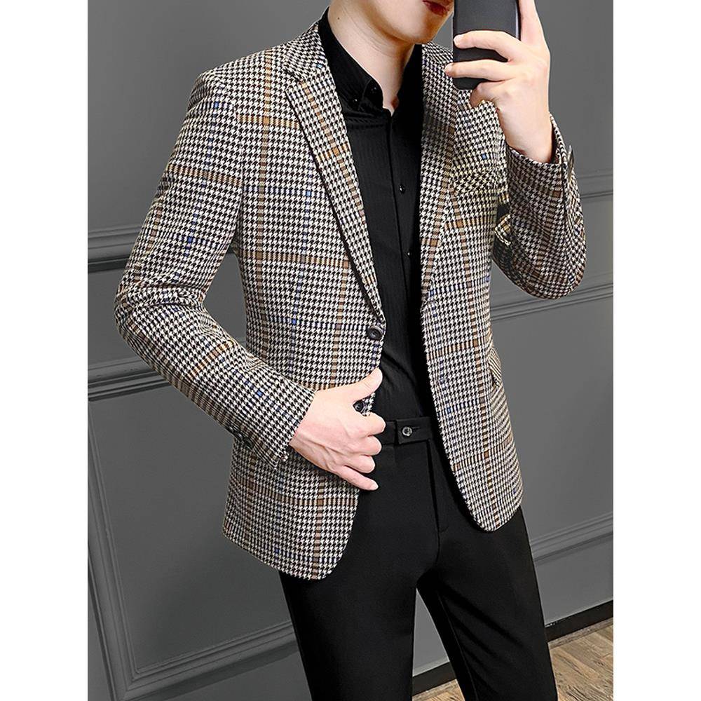 男士休闲西装外套2025新款高级感商务男装单件千鸟格子小西1115h