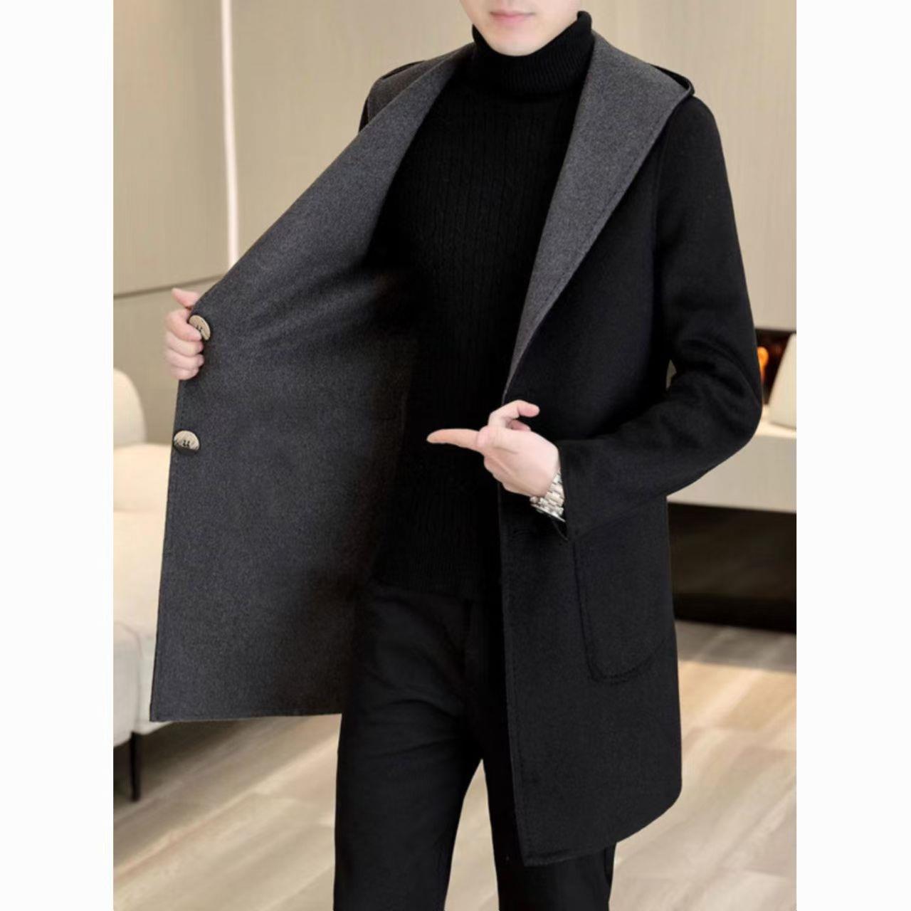 秋冬中长款毛呢大衣外套男士2025新款年时尚帅气连帽毛呢1120e