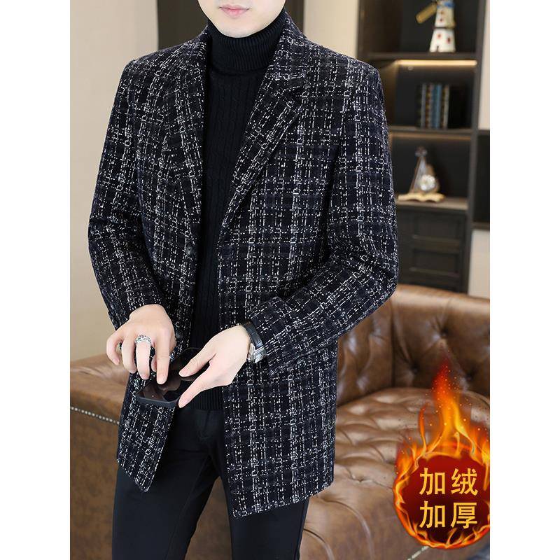 秋冬季中年毛呢大衣男士外套西装领中长款休闲风衣男爸爸装1209e