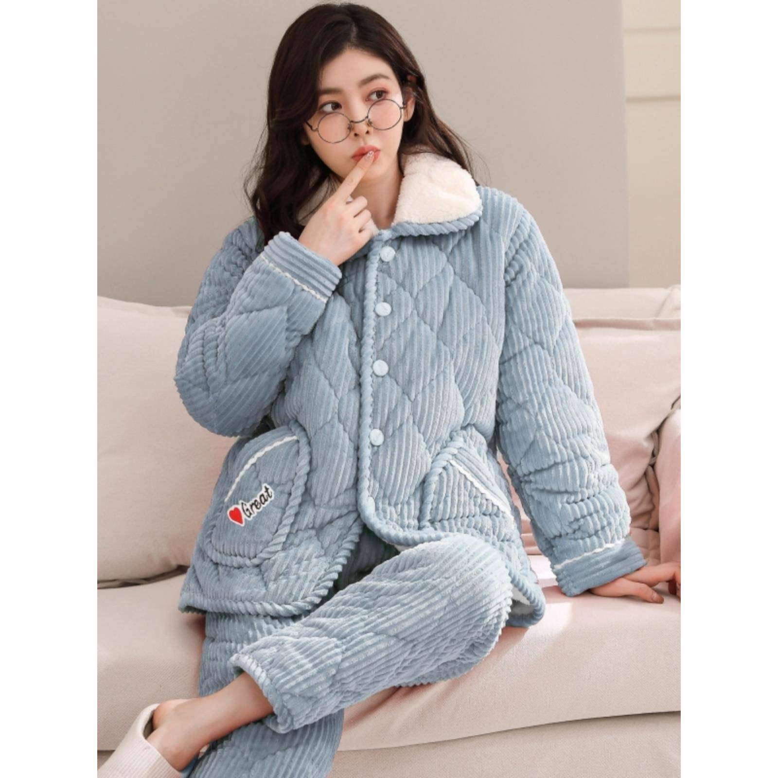 珊瑚绒睡衣女秋冬季三层夹棉袄加厚加绒保暖家居服法兰绒新1124e