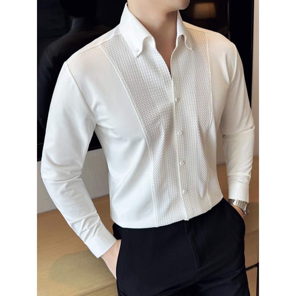 高级感拼接法式V领礼服衬衫男长袖商务休闲酒店工装修身时尚1108u