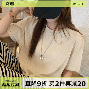大码 卡其色冰丝棉麻短袖 落肩薄款 T恤女2025夏季 宽松显瘦上衣 新款