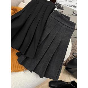 防走光秋冬季高腰显瘦加厚毛呢百褶裙a字裙显瘦jk半身裙女短裙子