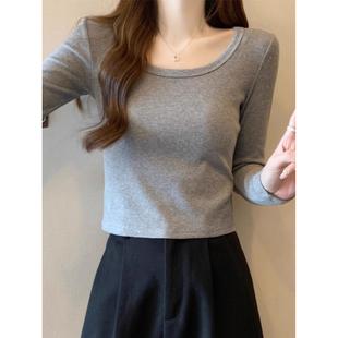 2025秋冬季纯棉长袖T恤女学生U领短款修身显瘦内搭打底衫上衣女潮