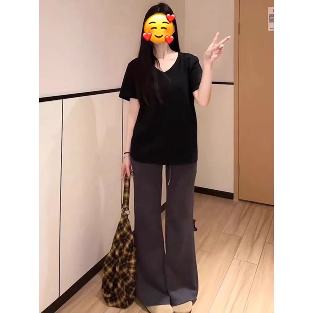 纯棉黑色v领2026正肩短袖t恤女夏季慵懒风宽松显瘦低领松弛感上衣