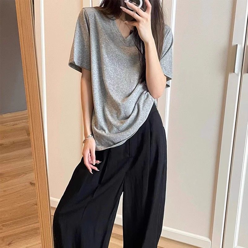 纯棉V领宽松短袖T恤女2026夏季新款慵懒风显瘦外穿学生打底衫上衣