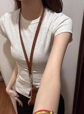 灰色圆领正肩短袖女夏季修身美式辣妹打底内搭上衣基础款百搭T恤