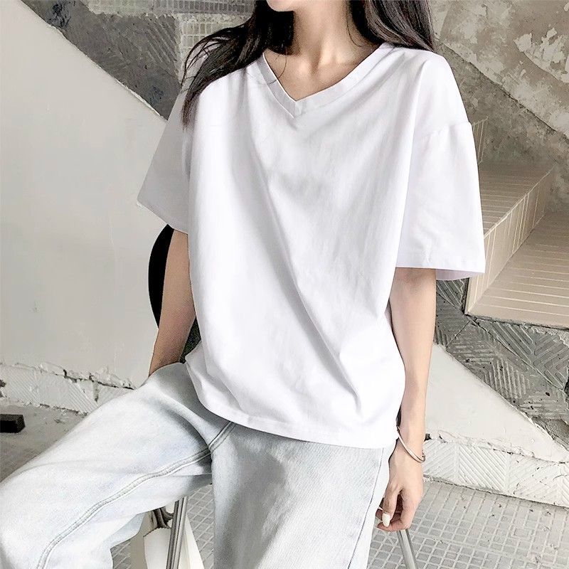 重磅纯棉V领宽松学生短袖T恤女夏季新款慵懒风显瘦外穿打底衫上衣