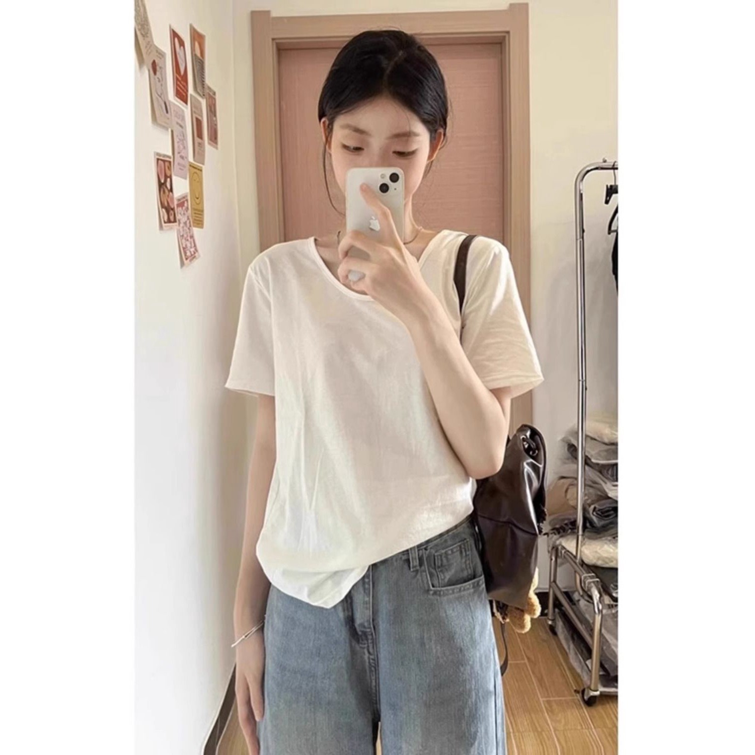 重磅纯棉2026夏季正肩宽松v领短袖T恤女学生休闲慵懒风内搭上衣潮