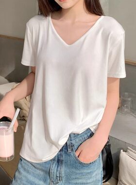 夏季新款纯棉重磅宽松2026短袖T恤女显瘦V领简约学生打底衫上衣潮