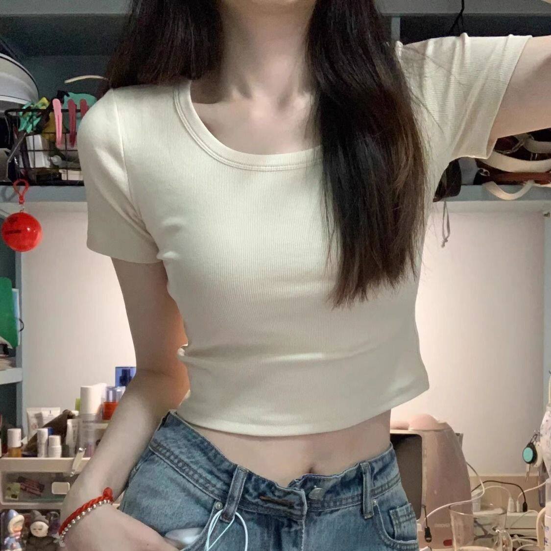 纯棉短款纯色短袖T恤女2026夏季新款ins修身显瘦纯欲风打底衫上衣