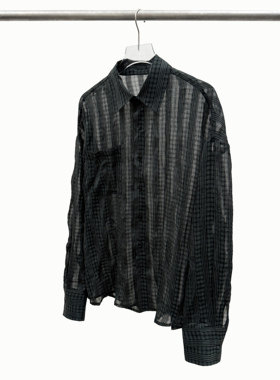 Oxycodone/定织定染墨绿色珍珠纱褶皱格纹松弛感防晒长袖纽扣衬衫