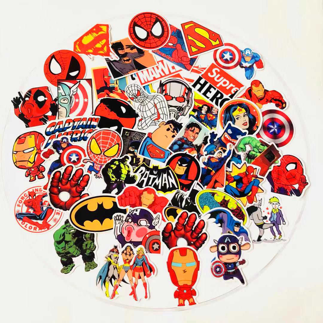 50张漫威DC英雄超人蜘蛛侠钢铁侠贴画头盔贴纸个性电脑行李箱贴