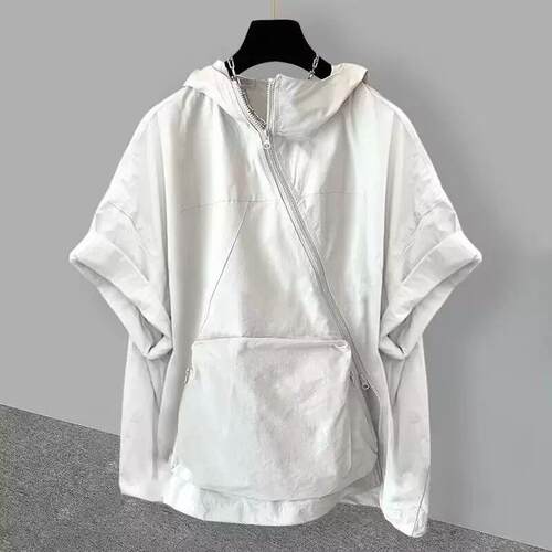 韩版大码300斤胖mm工装立体口连帽短袖t恤夏季斜拉链宽松半袖体gz