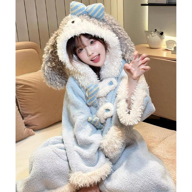 珊瑚绒可爱垂耳小狗少女睡衣秋冬加厚保暖睡袍冬天新款家居服套装