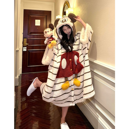 可爱卡通少女睡袍冬季2026新款连帽睡衣珊瑚绒加厚冬天家居服套装