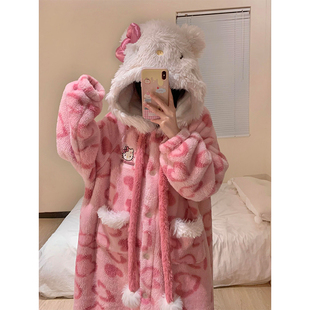 HelloKitty可爱珊瑚绒少女睡衣秋冬款加厚卡通连帽冬天家居服套装
