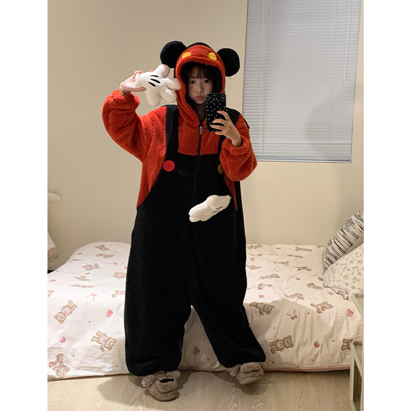 可爱卡通米奇少女睡衣秋冬季珊瑚绒加绒加厚保暖款连体睡袍家居服