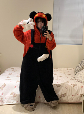 可爱卡通米奇少女睡衣秋冬季珊瑚绒加绒加厚保暖款连体睡袍家居服