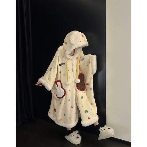 可爱卡通米菲兔睡衣女秋冬季珊瑚绒家居服冬天款睡袍加厚浴袍套装