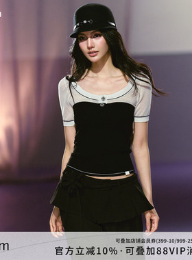 AGAM 黑白半透细闪撞色U领修身显瘦短袖T恤女