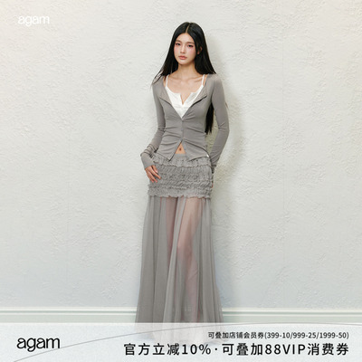 AGAM假两件撞色V领长袖上衣