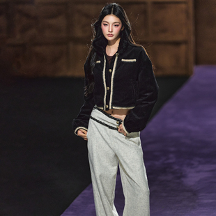 AGAM 小香风撞色灯芯绒外套女2025新款秋冬季气质高级感毛领夹克