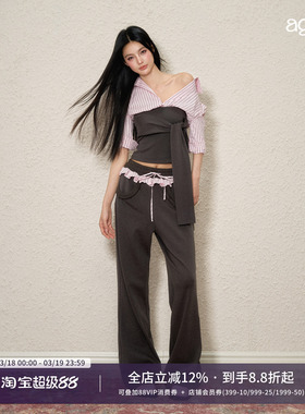 AGAM 原创假两件撞色休闲拼接绑带上衣 花边腰头宽松卫裤套装女