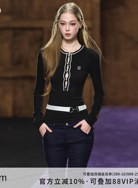AGAM 撞色腰带黑色圆领内搭针织冬季新款设计感气质收腰打底衫女
