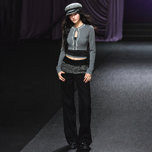 垂感百搭直筒裤 时髦小香风拼接条纹细闪双腰设计西裤 经典 AGAM