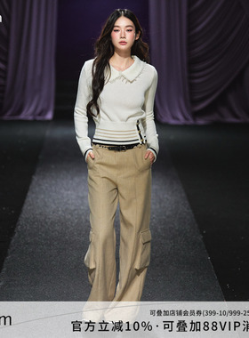 AGAM 小香风娃娃领拼接套头翻领黑金条纹毛衣显瘦修身冬季新款