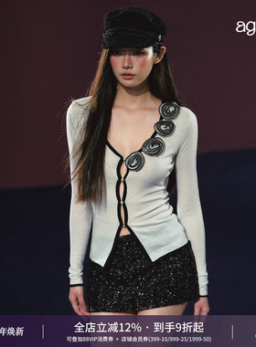 AGAM 立体玫瑰小香风撞色V领针织细闪半透上衣开衫