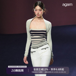 AGAM 条纹撞色复古手缝扣抹胸上衣披肩针织小开衫套装