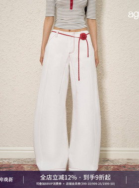 AGAM 原创设计白色百搭明线撞色弯刀裤条纹玫瑰腰带显瘦牛仔裤女