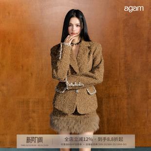 外套毛绒拼接半身裙套装 AGAM冬季 小香风千金复古毛呢收腰显瘦西装