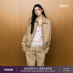 AGAM原创工装夹克开春外套女设计感木耳边卡其色短款翻领上衣宽松