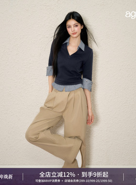 AGAM 藏蓝色假两件格子拼接中袖上衣学院风修身撞色针织T恤打底衫