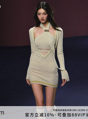 AGAM 小香编织拼接半透V领飘带层次叠穿两件式连衣裙