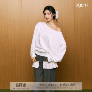 AGAM 露肩上衣 设计感松弛慵懒一字领斜肩白色卫衣女两穿宽松长袖